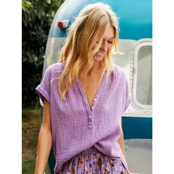 Xirena Top Gauzy Blouse Henley Boho Spring Summer Lightweight Purple Size XS - Picture 1 of 11